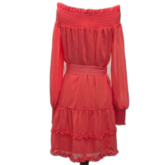 BCBGeneration Off the Shoulder Belted Ruffle Mini Dress - Coral (Size 2) - Picture 6 of 8